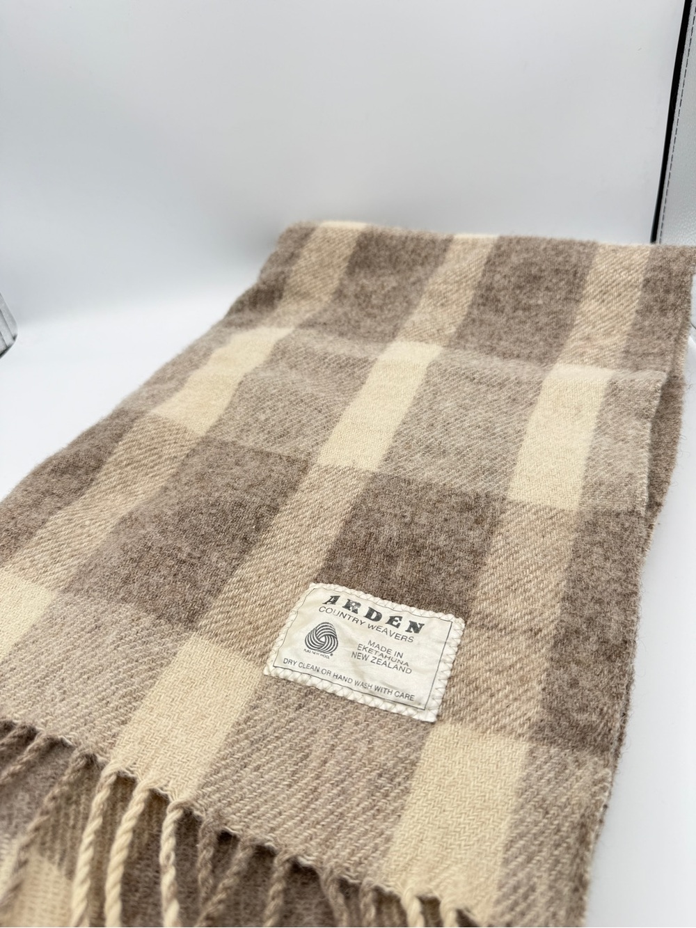 Vintage Arden Country Weavers Plaid Fringe Blanket Brown Cream Wool 51" x 40"